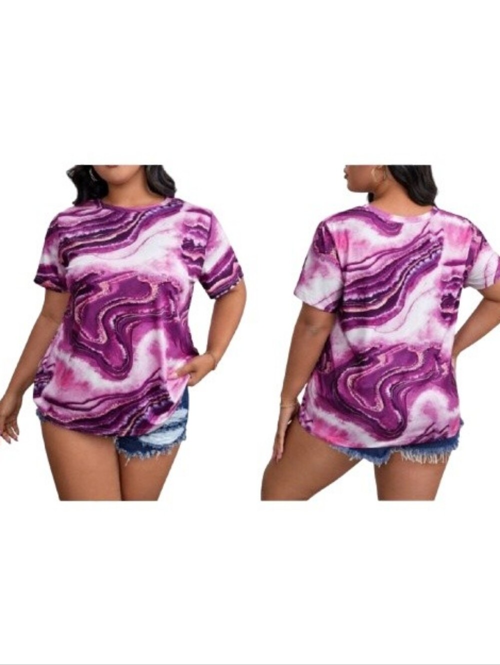 SHEIN Plus Abstract Marble Print Top Pink Purple Short Sleeves T-Shirt Crewneck